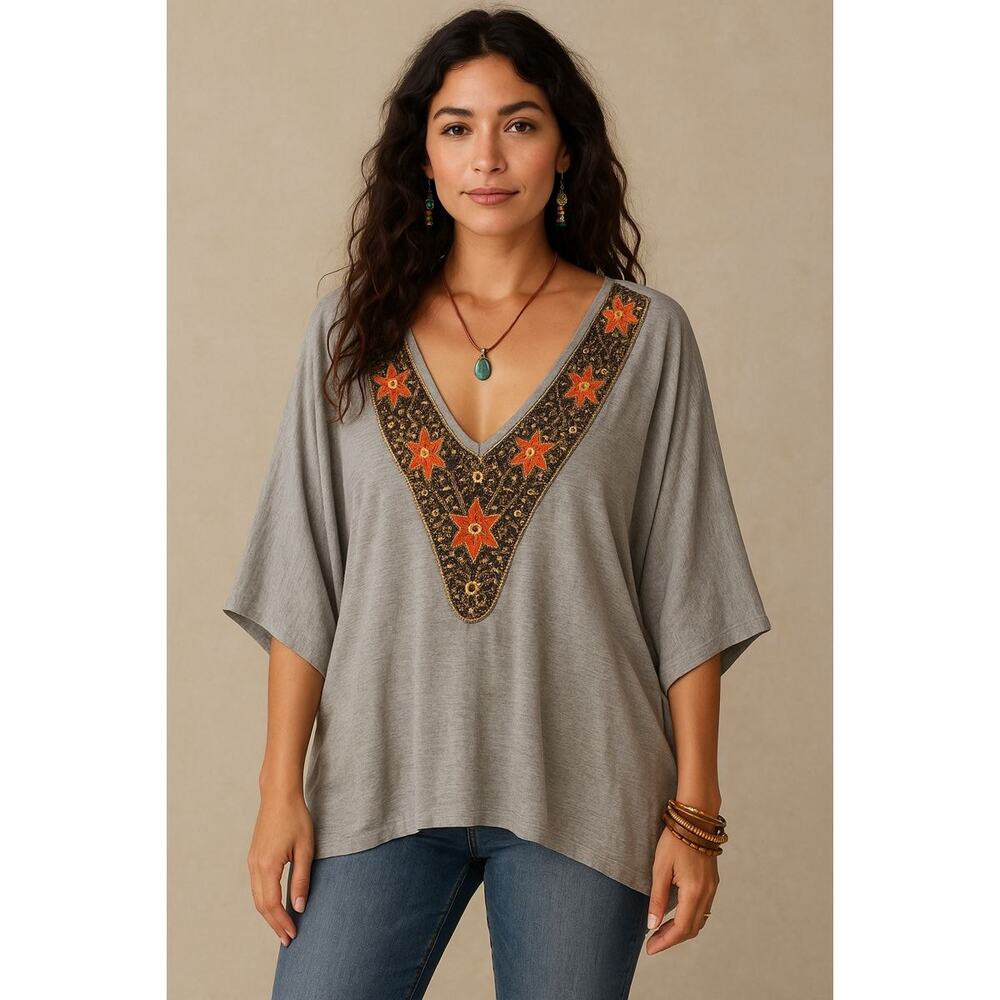 Ludi Womens Grey Stretchy Dolman Sleeve Top Blouse Intricate Beaded V Neck Large